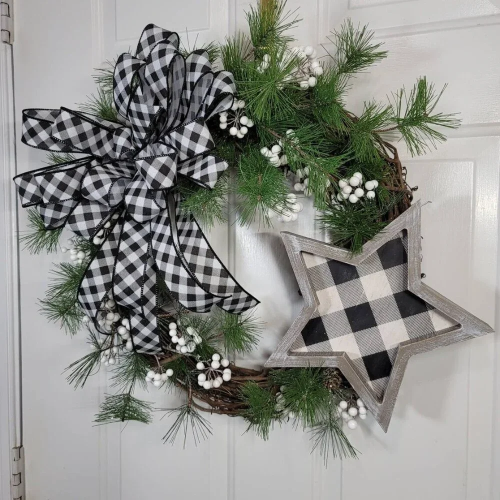 Black/White Buffalo Check Bow w/Star Wreath, Winter Holiday Star Wreath